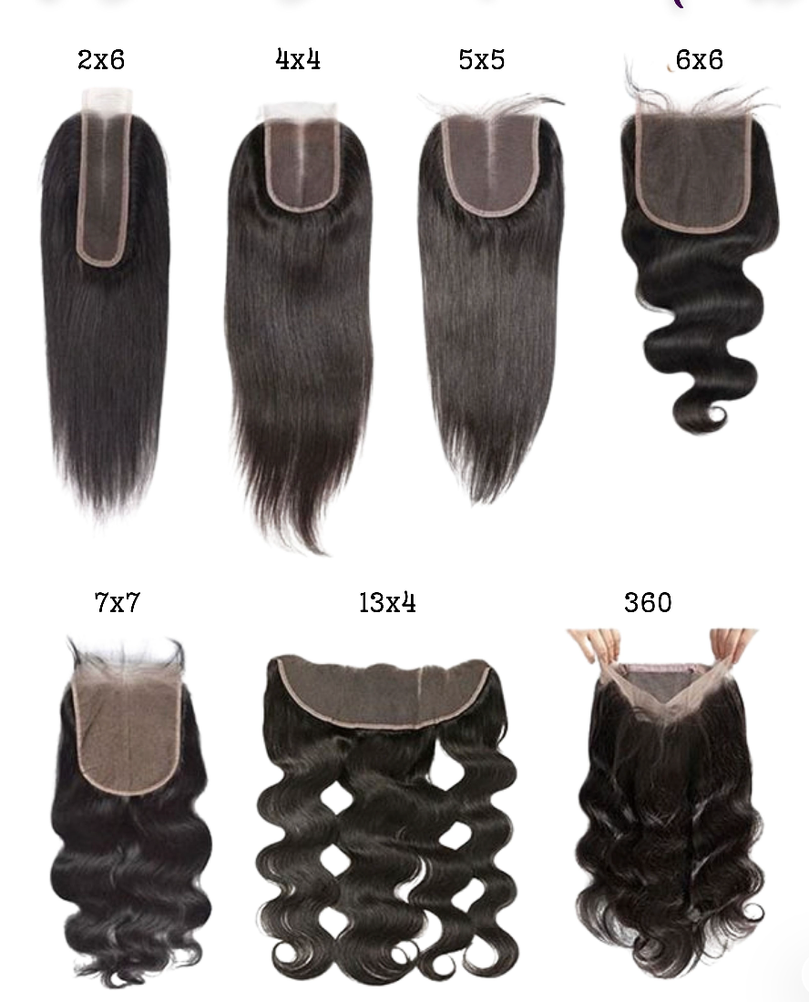 Closure and frontal sizes: 2×6, 4×4, 5×5, 6×6, 7×7, 13×4 and 360